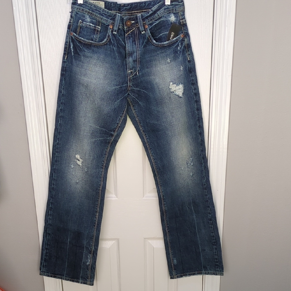 New! Buffalo David Bitton "Ruffer" Dark Blue Distressed Reg Rise, Easy Fit Jeans